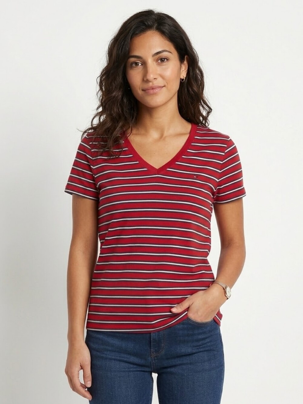 Tommy Hilfiger Red Striped V-Neck Tee Size XXL
